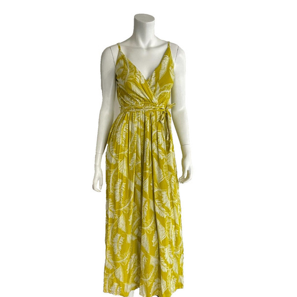 Sim & Sam XS Maxi Dress Mustard Yellow Palm Print Wrap Tie Waist Long Sleeveless - Picture 1 of 8